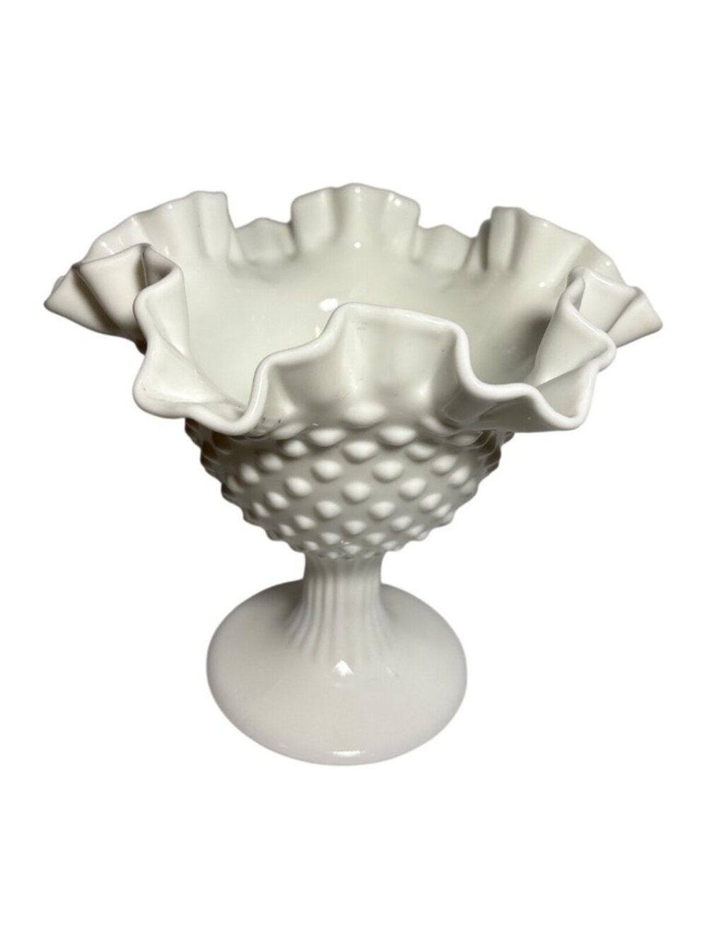Fenton Compote Vase White Hobnail Milk Glass Ruffled Edge 6 Inches Tall
